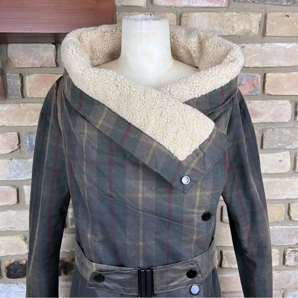 KARL DONOGHUE waxed cotton & leather belted tartan coat with lambskin